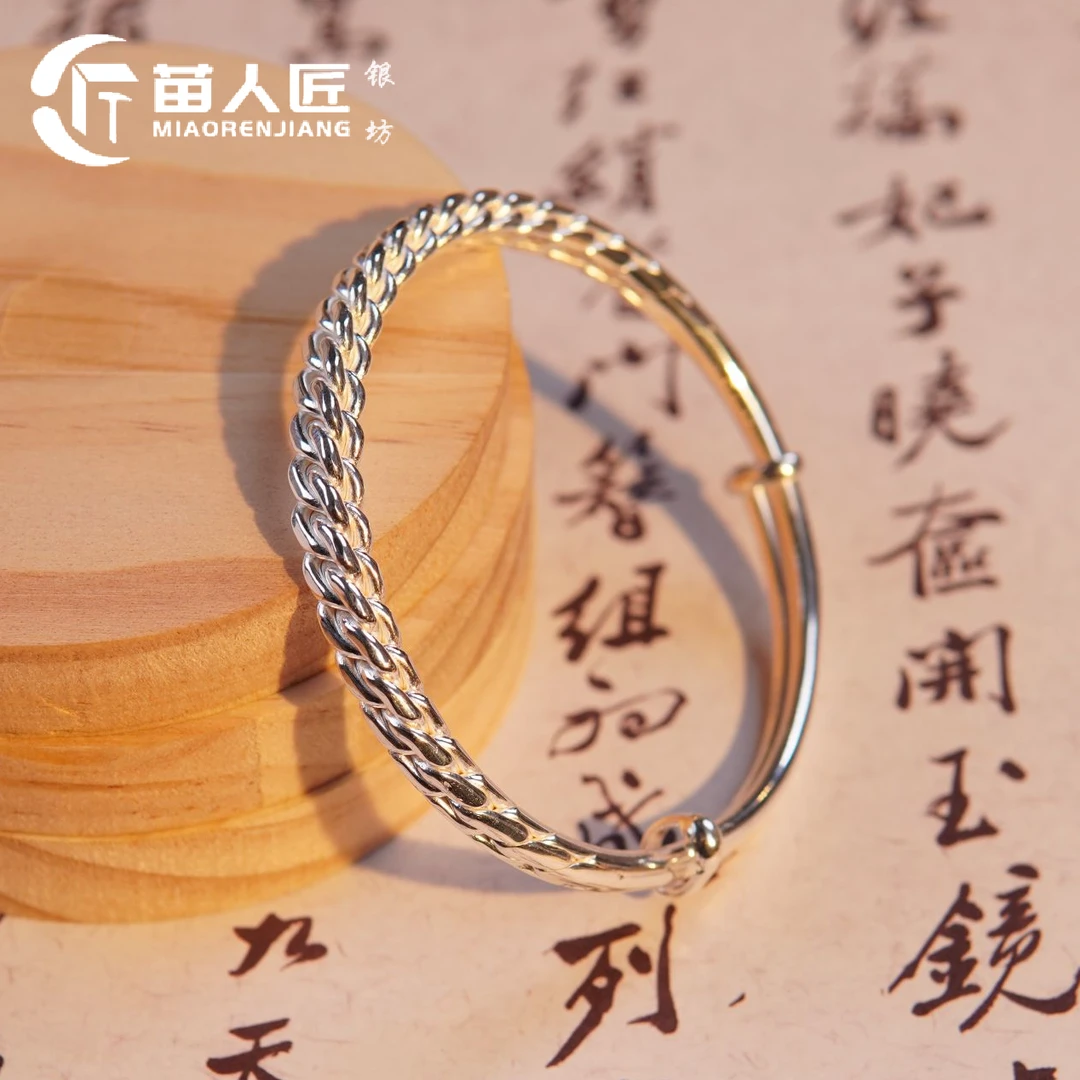 足银手镯 苗人匠银坊 纯手工 传承麻花扭丝经典推拉手镯