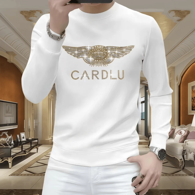 秋冬烫钻卫衣男士休闲时尚长袖潮流修身圆领百搭套头2025新款外套