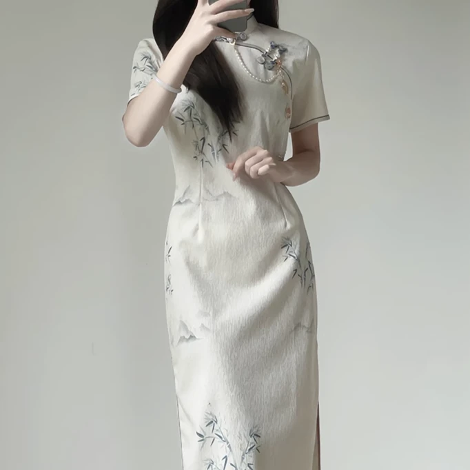 青倾家【竹风月影】夏季年轻款温婉复古民国风素雅旗袍改良连衣裙