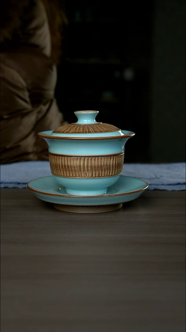 【闪购商品】杯095号天青元宝盖碗微瑕开片