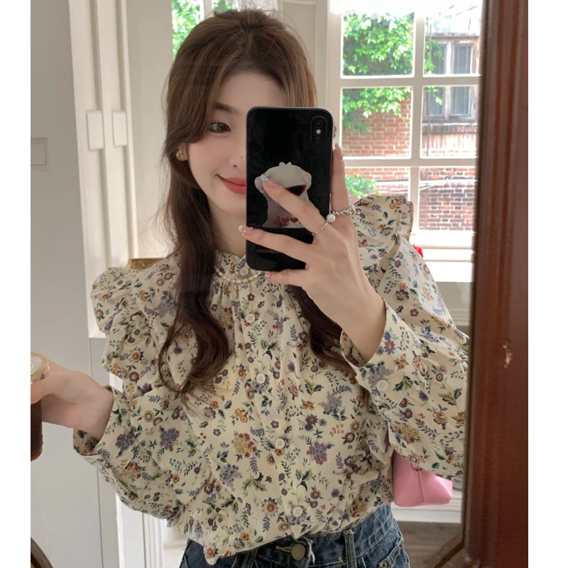 设计感小众碎花长袖衬衫秋季新款法式甜美女装衬衣宽松上衣9101