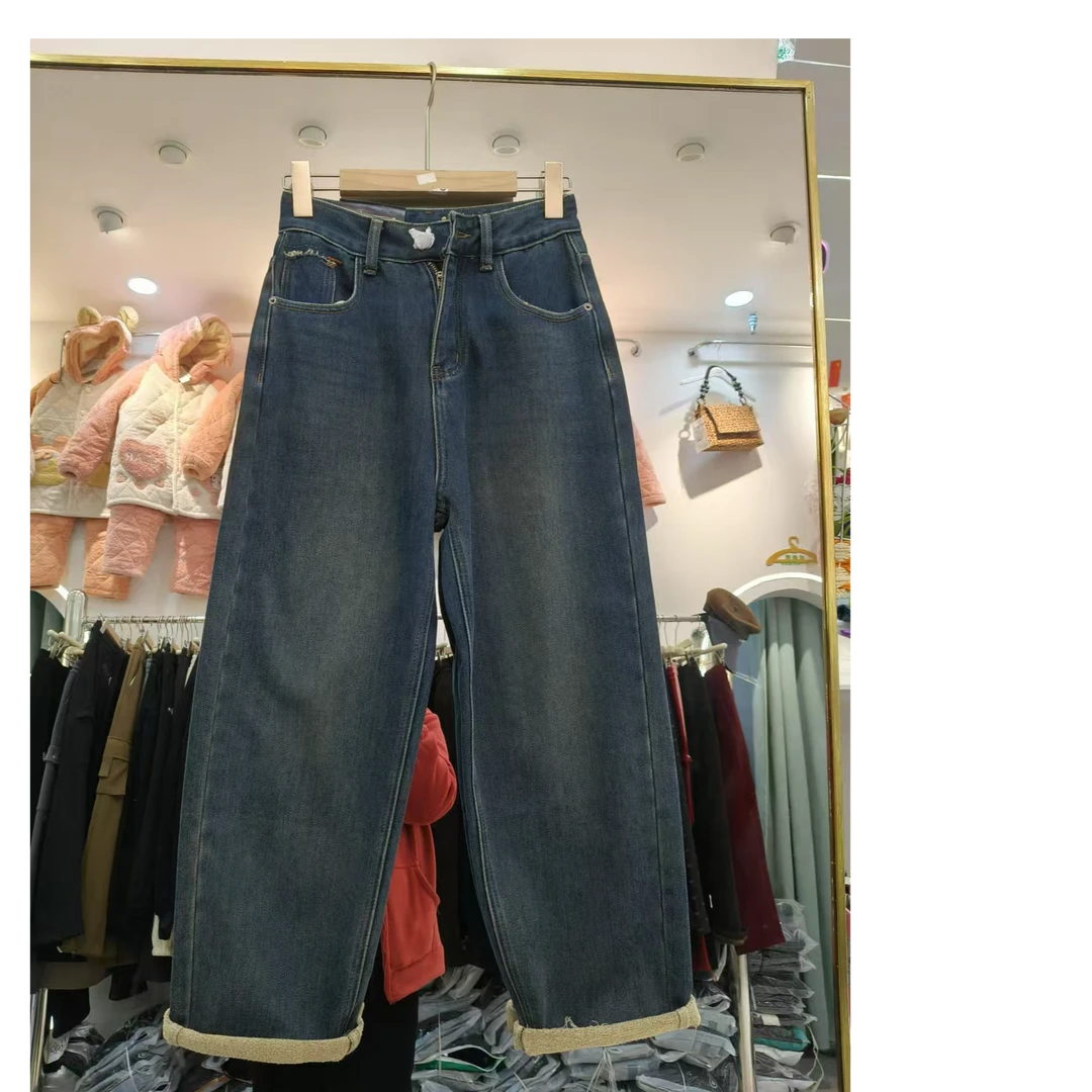 66152#秋冬新款休闲百搭加绒牛仔老爹裤