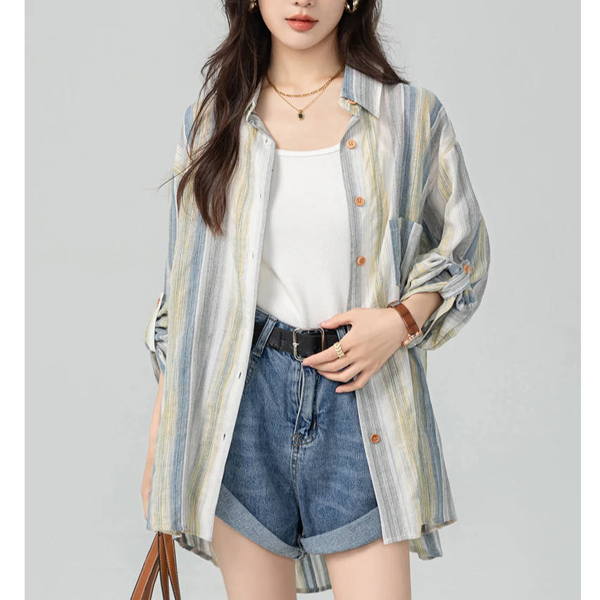 简约大气时尚潮流个性女士衬衫夏季新款条纹日常通勤防晒外套上衣