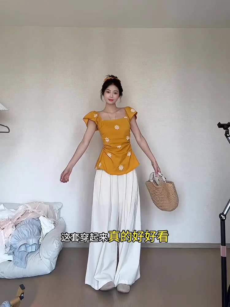 甜美度假法式时尚套装女度假风纯欲甜美显瘦休闲阔腿裤两件套6513