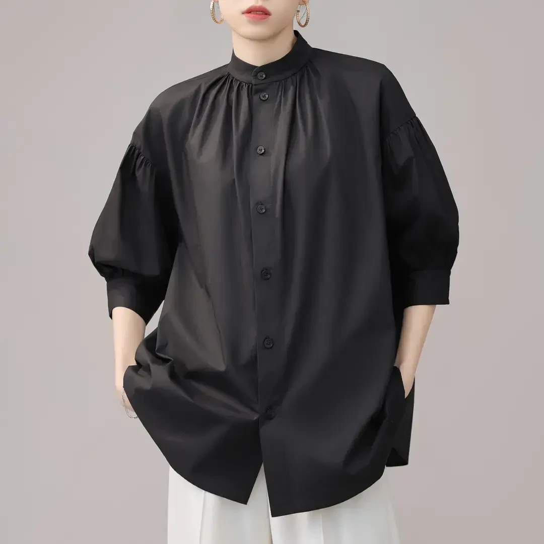 AMASS/阿玛施新款宽松新中式复古立领短袖纯色廓形衬衫女-5301060