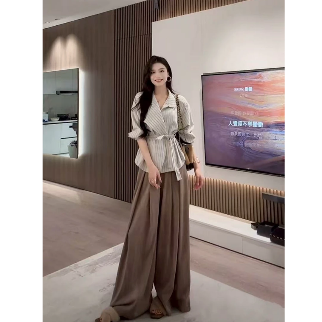 2025超火穿搭一整套韩系风设计感不规则v领长袖衬衫阔腿长裤套装