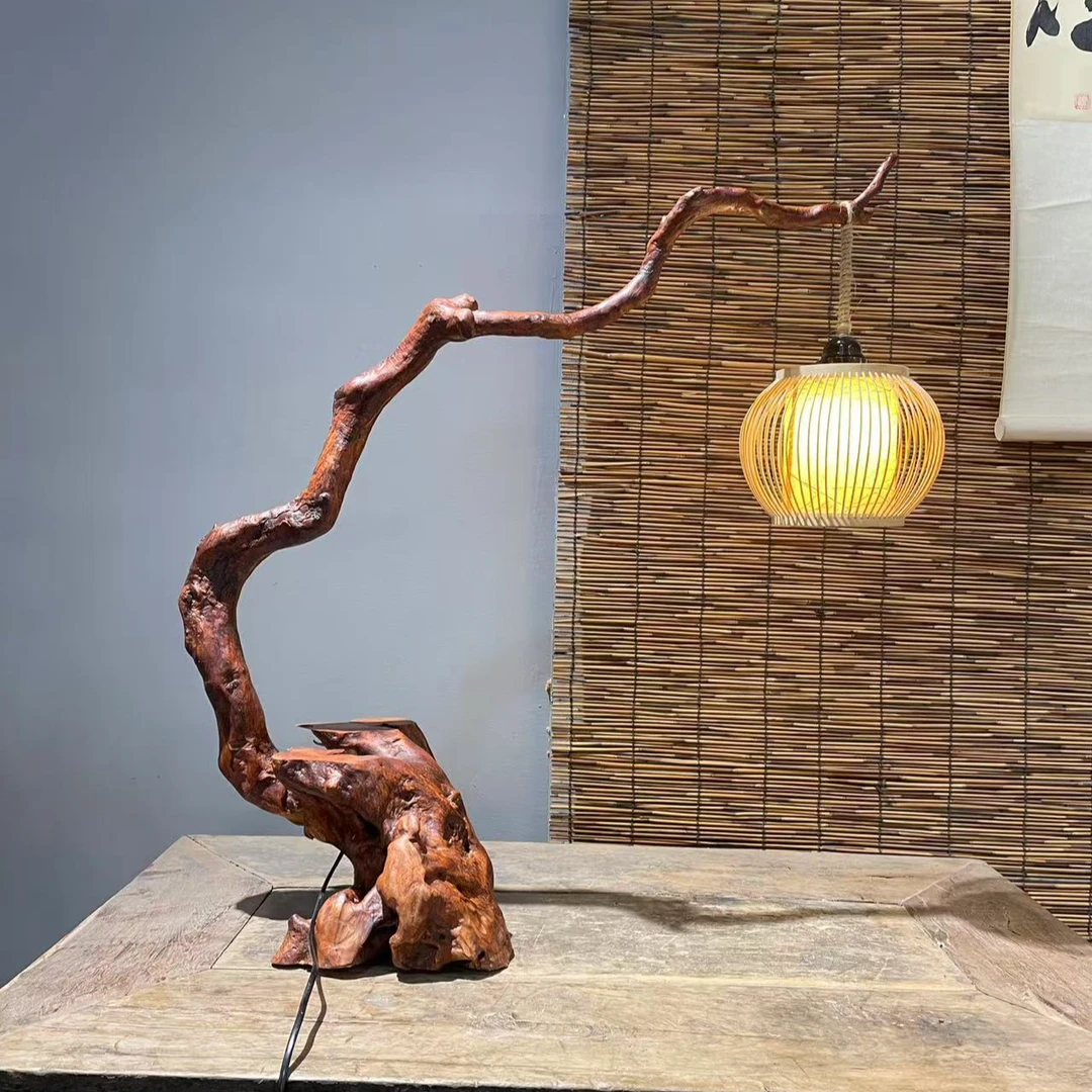 【天成阁】自然随型杜鹃根艺台灯 一体料 尺寸：66长*23宽*72高