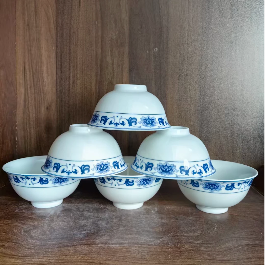 仿古瓷 A588景德镇制陶瓷青花芙蓉花碗4.75英寸12厘米6件