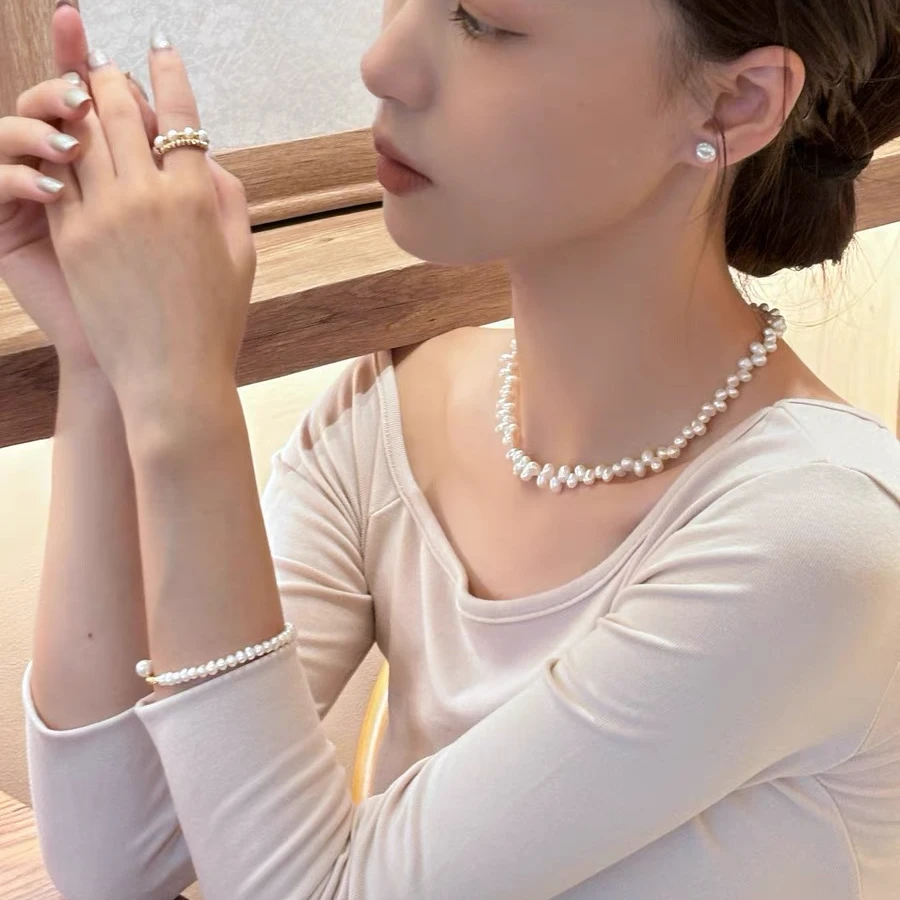 吊坠925银 几乎无暇 卡5-7mm 错位锁骨链小众仙女链7088麦穗珍珠
