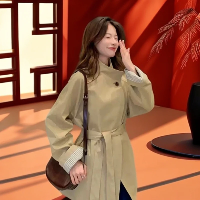 珩绣中长款风衣女春季新款廓形气质小个子韩版短款一粒扣外套2465