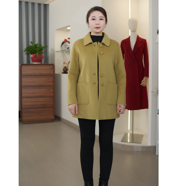 2025新款女直筒型拼接秋冬直下摆外套时尚短款羊毛大衣婧