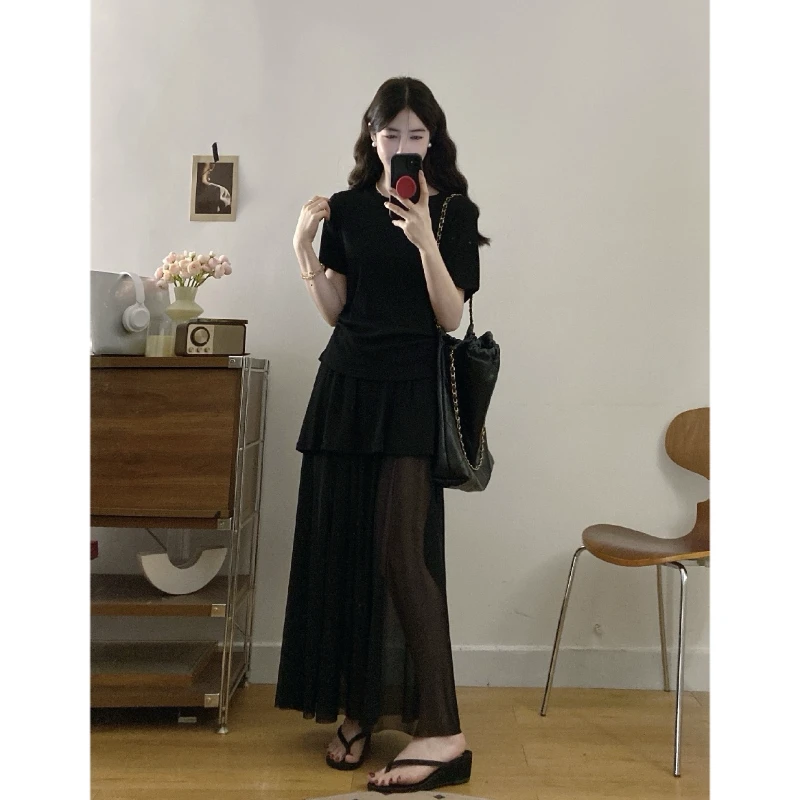 大码女装夏季胖mm显瘦短袖上衣假两件网纱拼接半裙时尚设计感套装