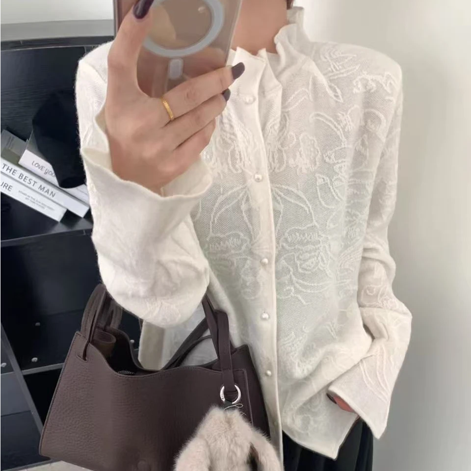 QIANRH-1672荷叶边提花秋冬新款设计感气质针织开衫