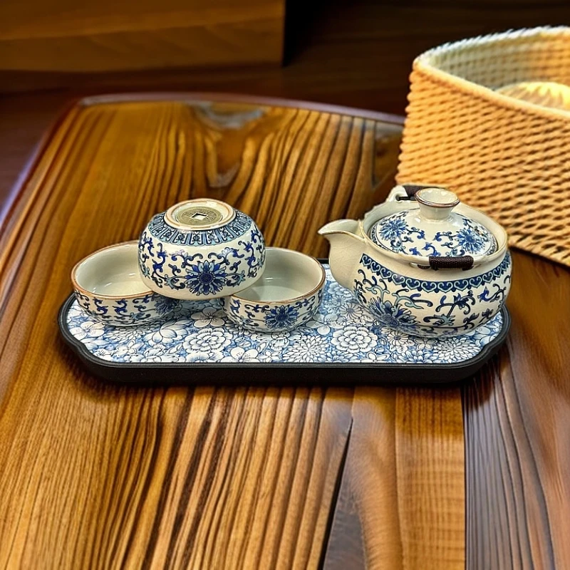 青花手抓壶杯底有铜钱带(茶盘)便携式杯一壶三杯中式家用