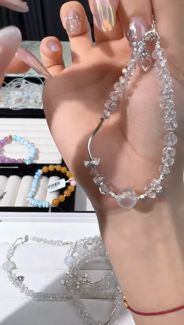 水晶手链银S925镶嵌B051白水钻切蓝月顶珠款