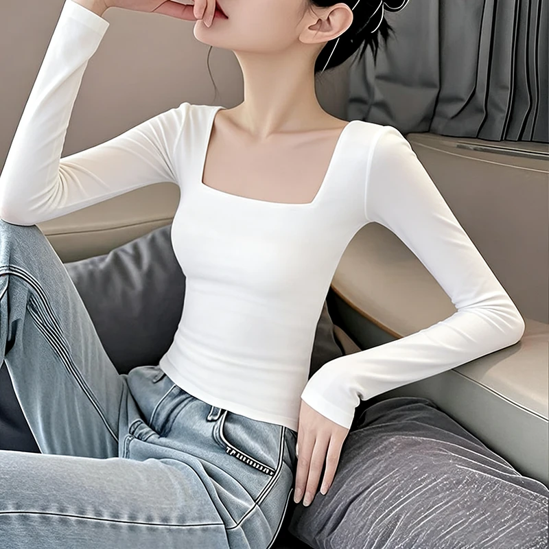 2026新款白色方领长袖t恤女春秋低领齐腰显瘦打底衫内搭紧身上衣