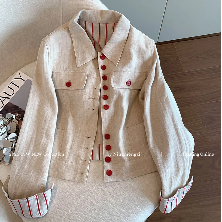 2025早秋新款老钱风撞色条纹翻领外套女小众洋气百搭衬衫夹克上衣