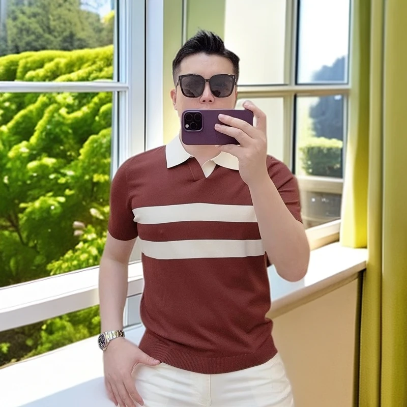 娜罗普西男士polo衫夏季新款大气条纹修身舒适百搭冰丝短袖T恤