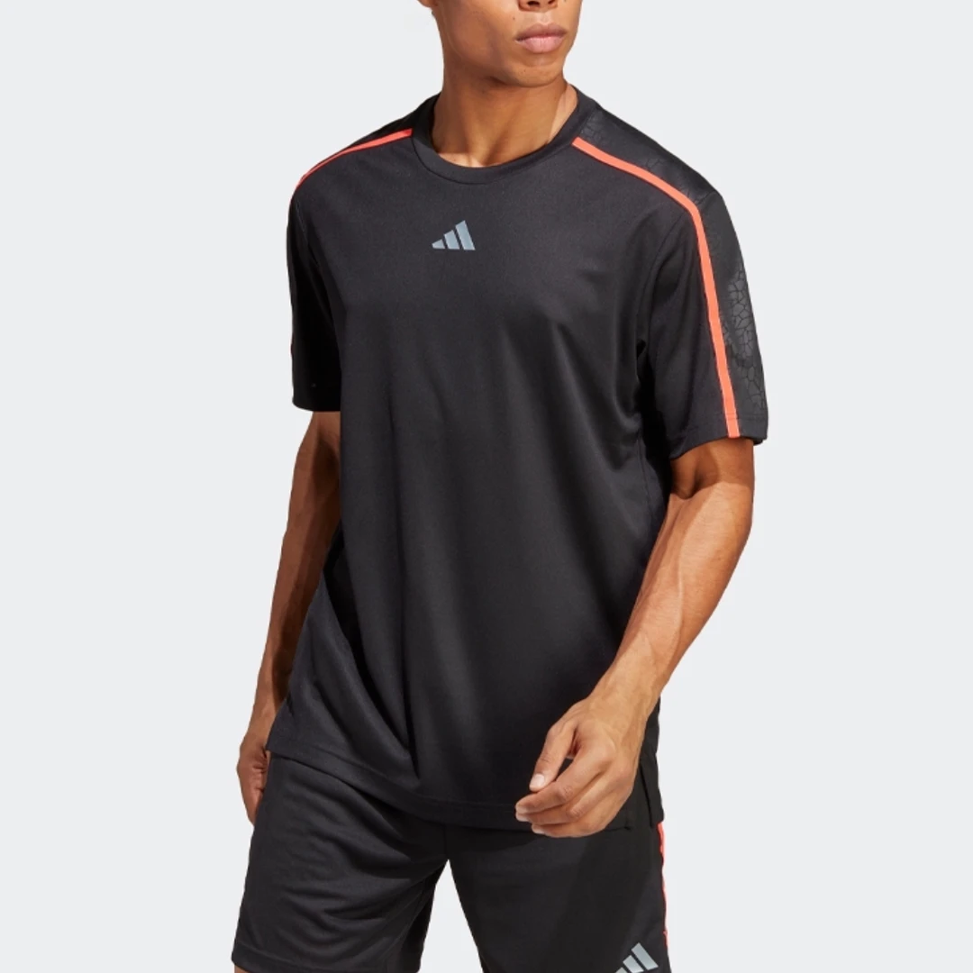 adidas拼色Logo印花标识速干运动健身圆领短袖正肩袖T恤男款 黑色