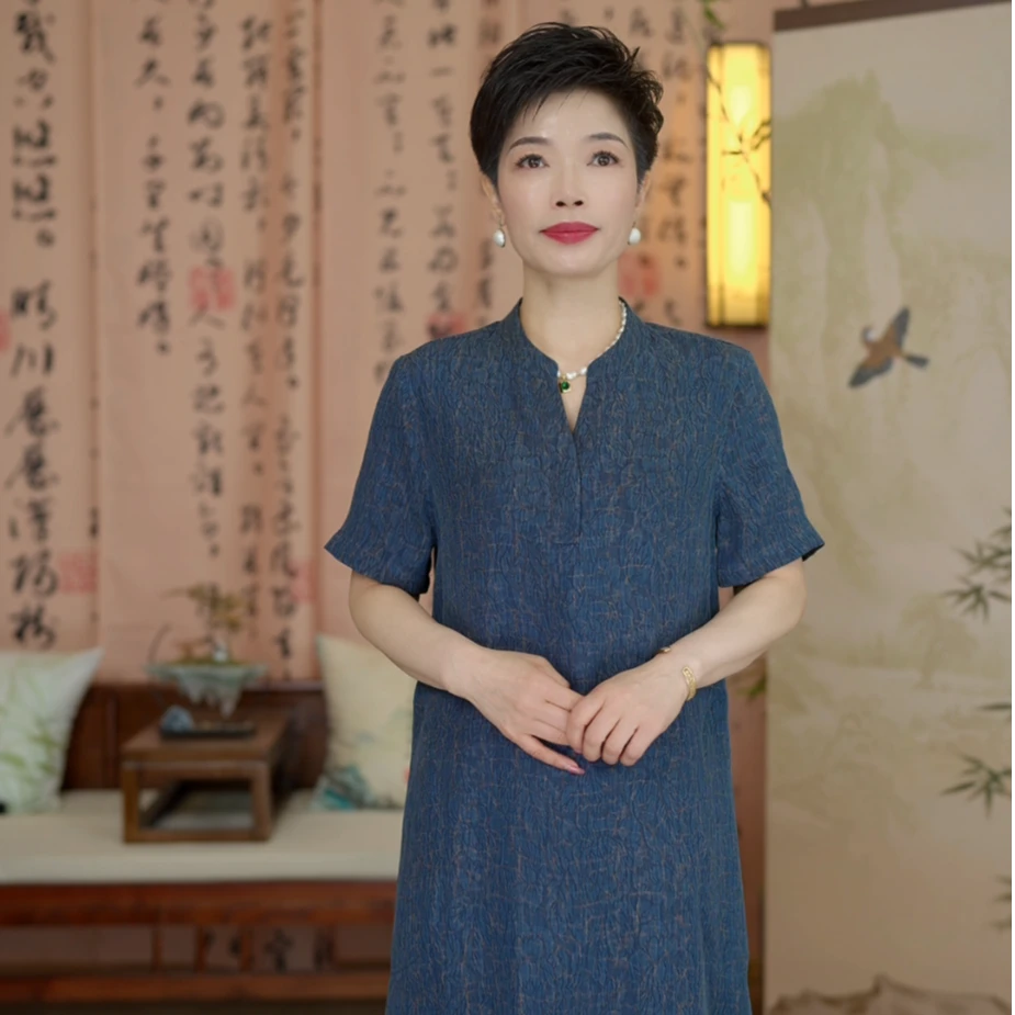 叶辰甄选香云纱  牡丹冠乐绉连衣裙（331057雾霾蓝 ）