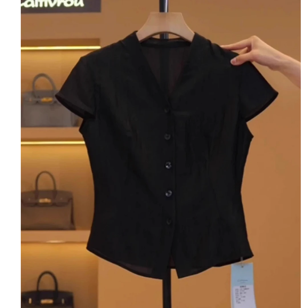 薄款老钱风松弛感短袖衬衫女2025夏季新款修身显瘦百搭舒适上