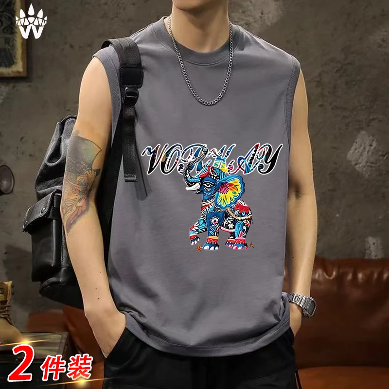 【彩象】100%新疆长绒棉坎肩背心夏季新款男士运动休闲无袖纯棉T恤