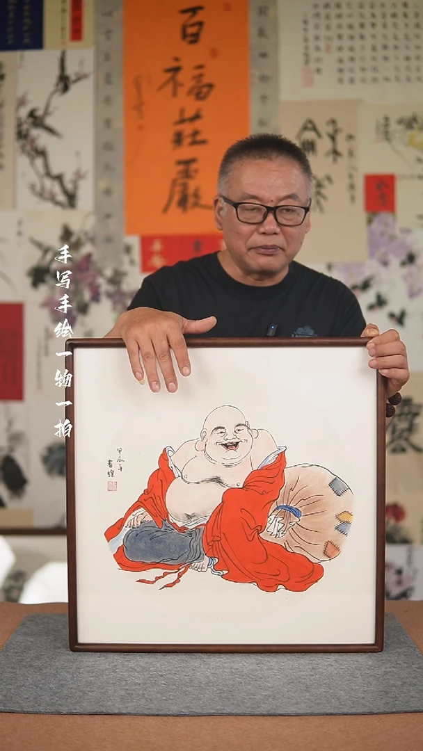 国画手绘-52*52实木框人物