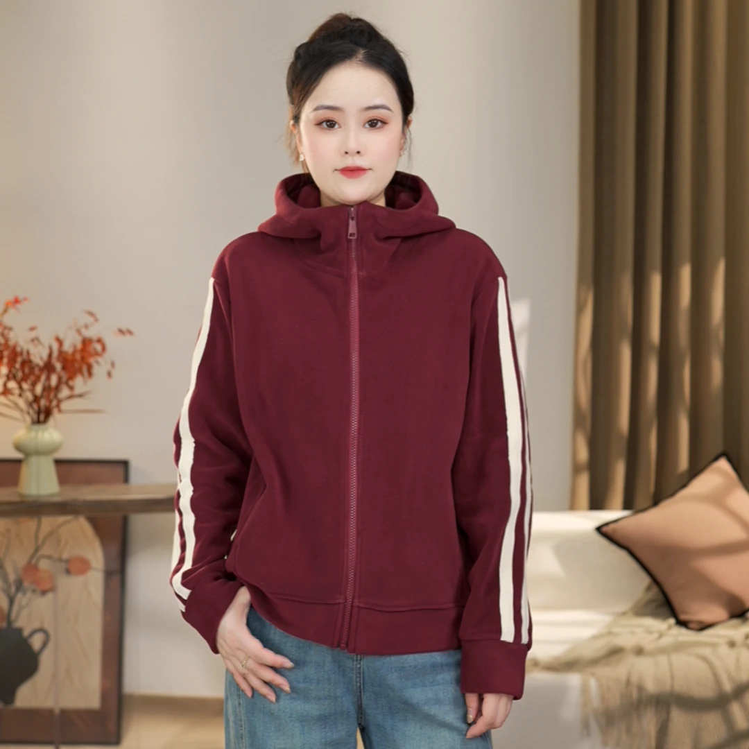 【沐沐】秋冬时尚百搭宽松休闲双面澳粒绒保暖加绒加厚连帽开衫外套