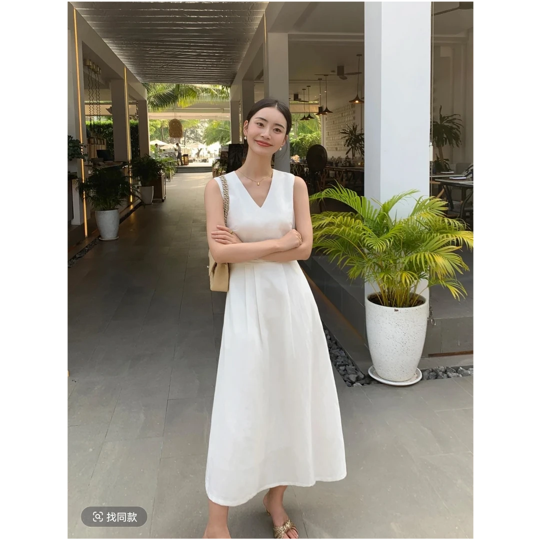 法式V领无袖连衣裙气质长裙百搭收腰中长款显瘦806-1