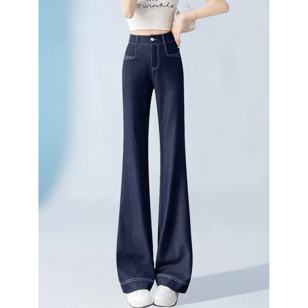 丹宁蓝百搭微喇牛仔裤女夏季2025新款高腰薄款胖mm大码加长喇叭裤
