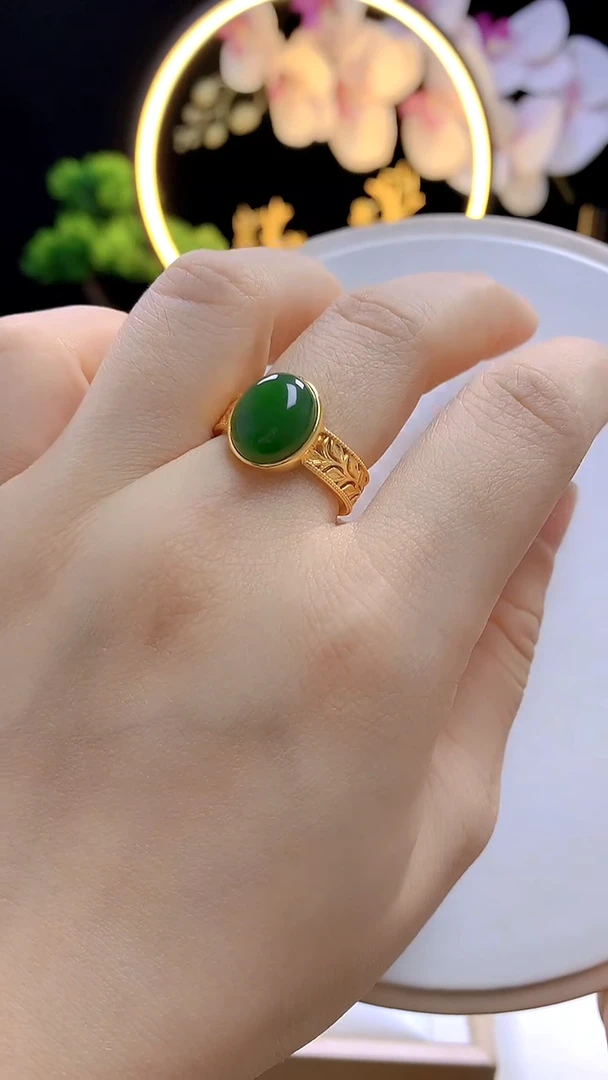 银S925镶嵌戒指和田玉碧玉麦穗戒指