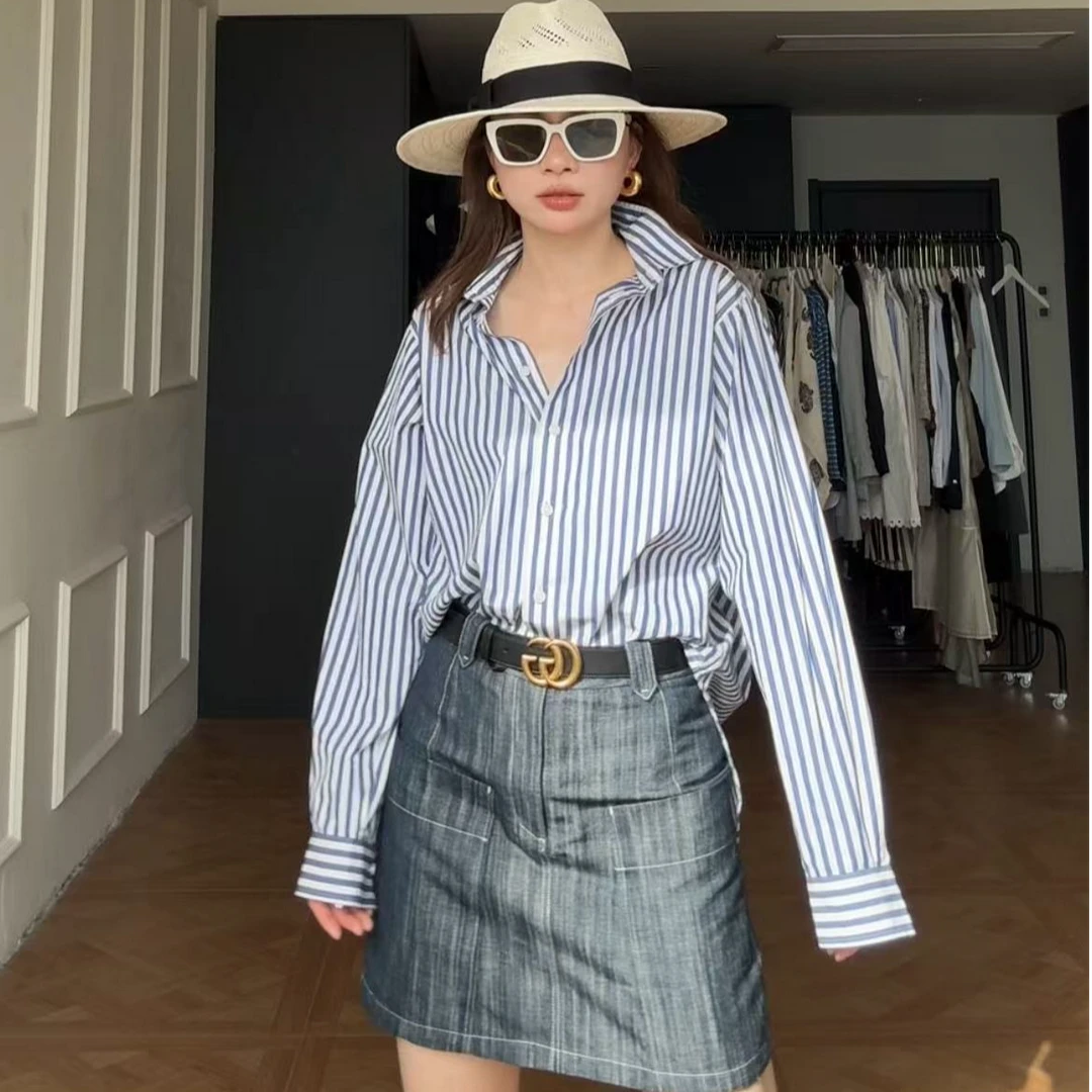 【Latti】时髦高阶-瑞典法式小众经典蓝白条廓形衬衣时尚衬衫竖条纹