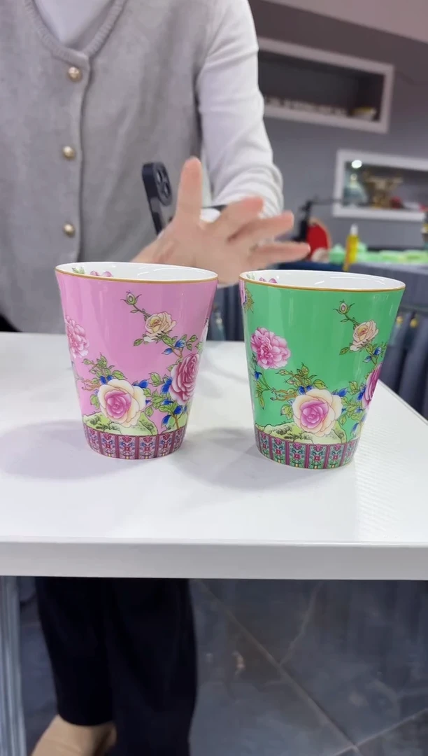 珐琅  牡丹花卉水杯2只装景德镇