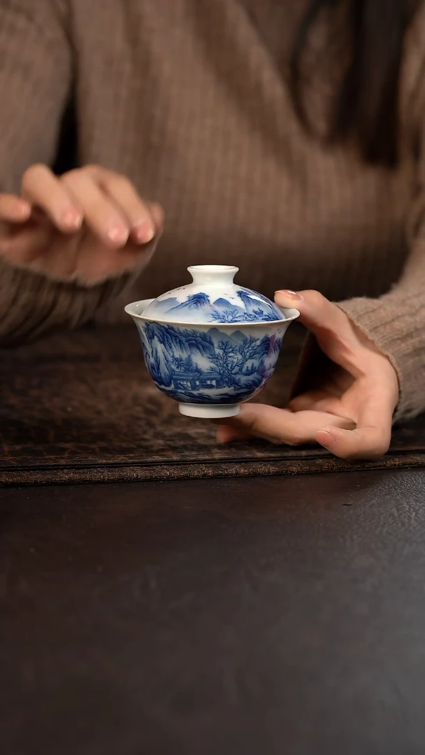 【闪购商品】杯967号HLX陶瓷重工山水元宝盖碗