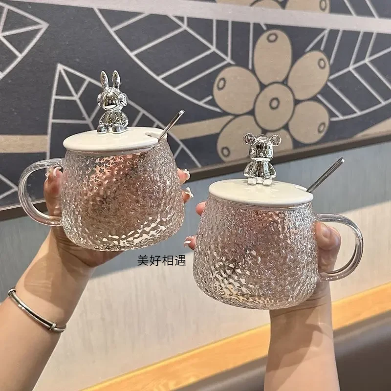 ins风新款玻璃杯小熊盖咖啡杯锤纹把手杯高颜值水杯家用带把带盖