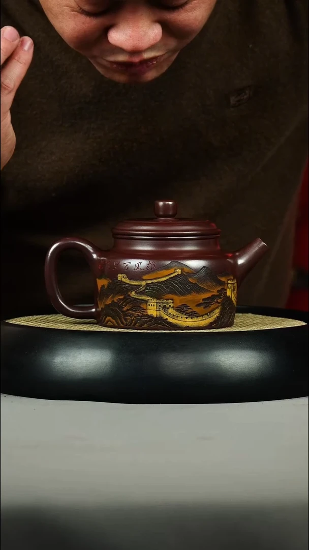 茶壶紫砂石红 德中 彩刻 山水
