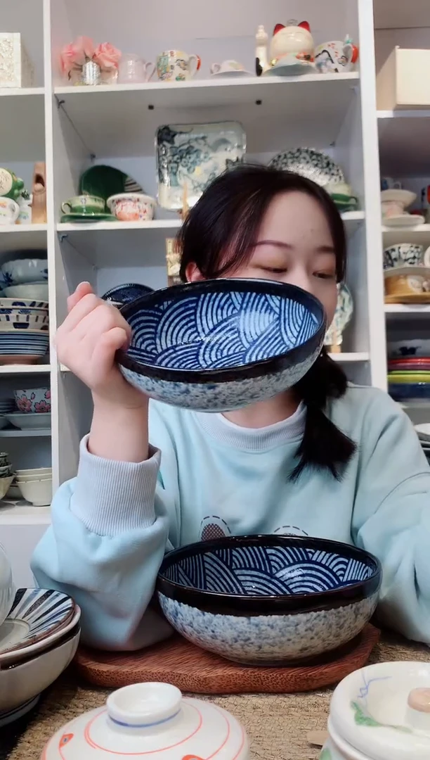 陶瓷美浓烧青海波中钵17.5cm