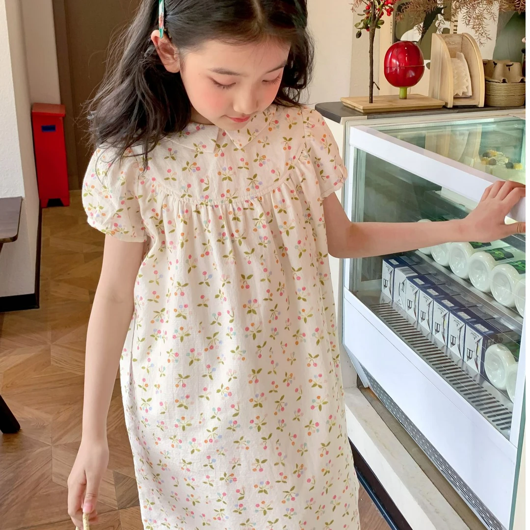 法国B.P夏季25新品女童法式甜美樱桃纯棉连衣裙翻领高端碎花裙子