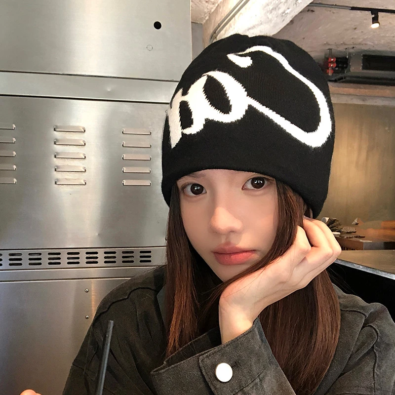 美式字母提花针织毛线帽子女款秋冬保暖套头登山帽显脸小包头冷帽