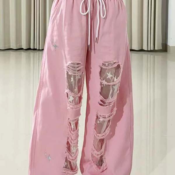 BT5221破洞潮休闲裤水洗棉夏季薄高腰裤