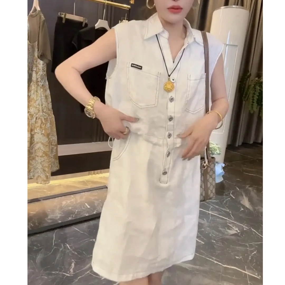 夏季新款时尚洋气减龄假两件棉麻透气连衣裙弯刀袖抽绳收腰连体裙