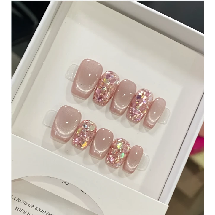 YoMi【蜜桃女孩】初秋秋季猫眼手绘纯手工简约可重复穿戴美甲XX