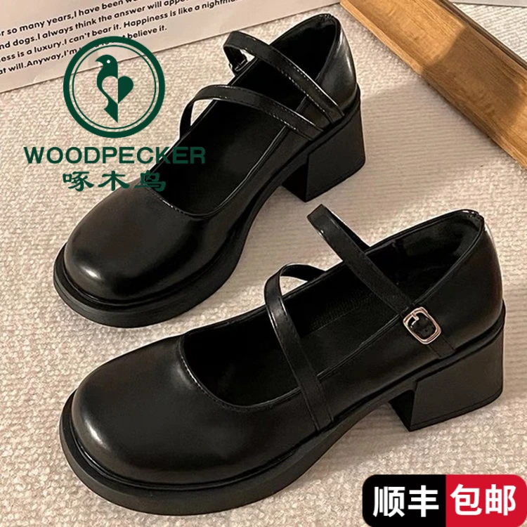 啄木鸟休闲鞋2025新款黑色一字扣带高跟厚底玛丽珍鞋女jk圆头百搭