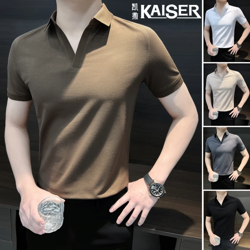 凯撒男士v领短袖polo衫夏季韩版纯色翻领百搭修身薄款打底半袖t