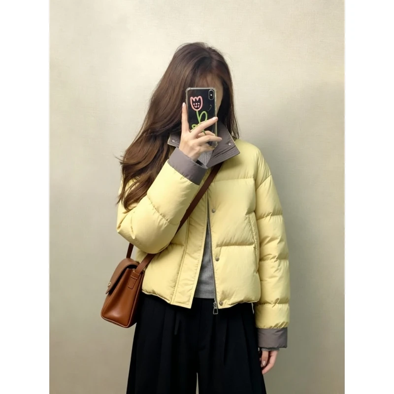 韩系黄色撞色棉服女士短款高端洋气小个子2025巨好看的冬装外套冬