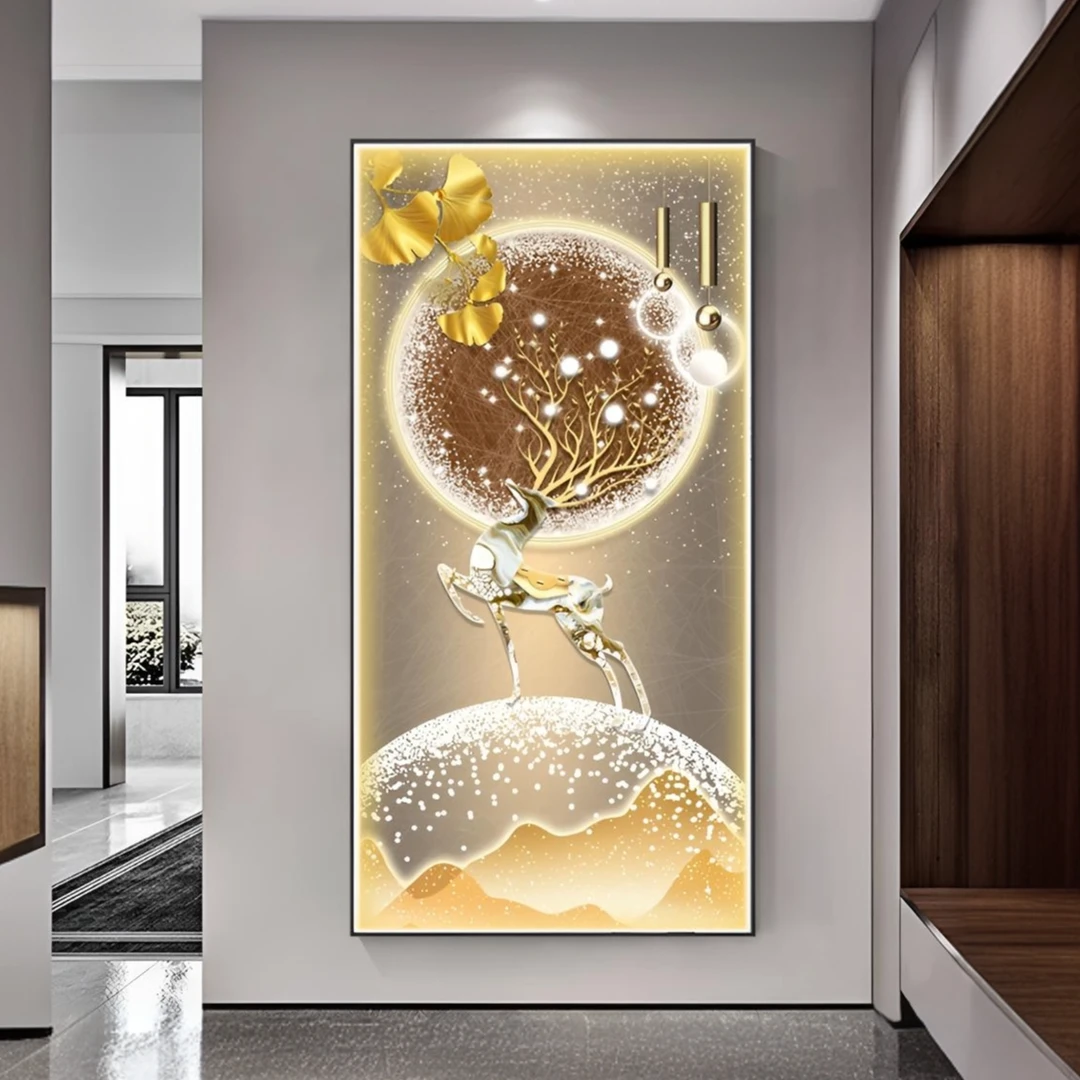 《福禄高登》玄关装饰画挂画高级感壁画过道走廊轻奢-晶瓷镶钻带灯