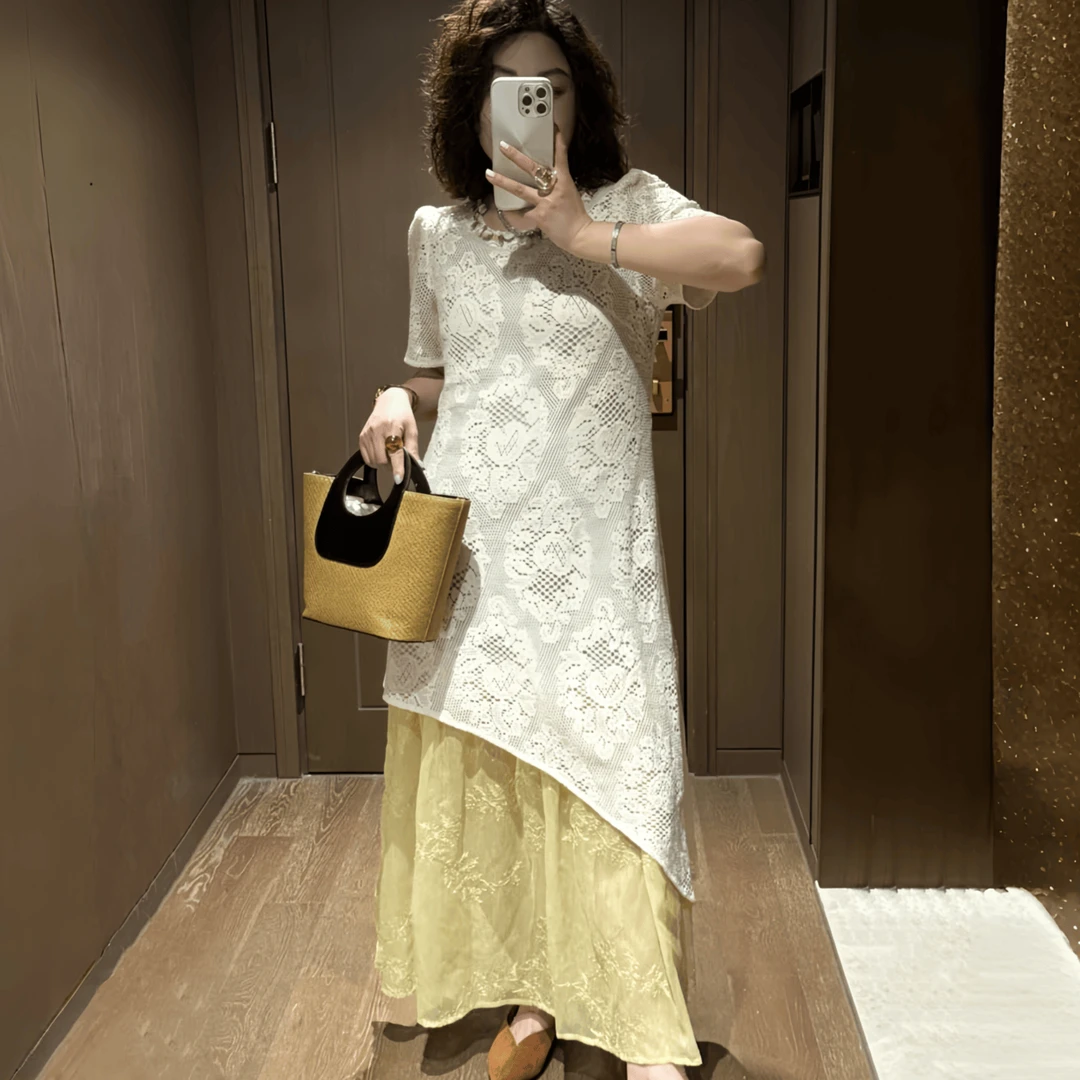 欧货重工蕾丝拼接假两件连衣裙女2025夏季大码胖MM气质显瘦长裙子