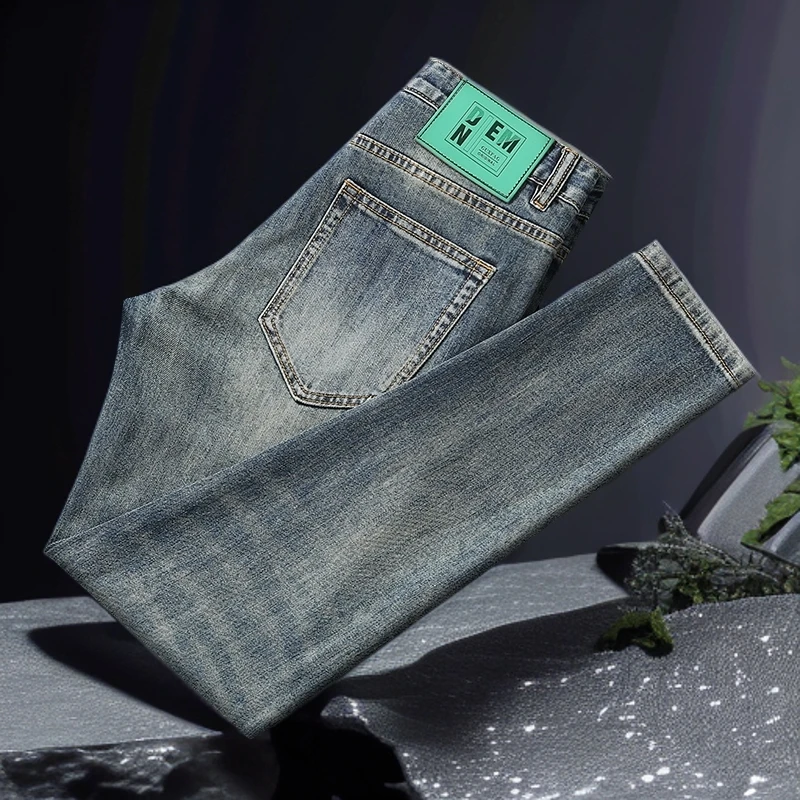 符腾野堡马男款夏季字母刺绣弹力修身小直脚长裤潮流复古蓝牛仔裤