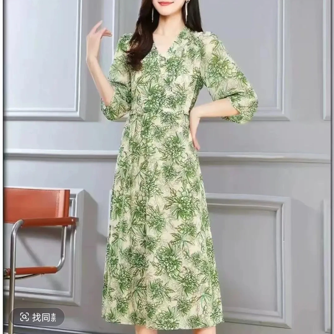 H2777碎花显瘦气质时尚休闲绿色夏季印花连衣裙L7