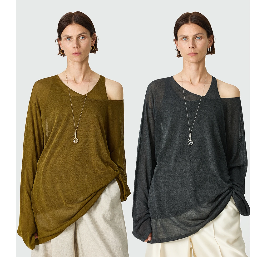 KEIGAN/开间轻盈可水洗轻透斜肩上衣背心针织两件套长袖时尚休闲